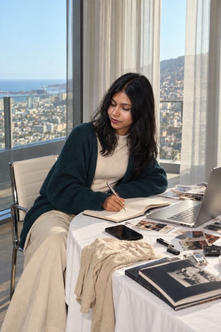 Rithanya writing in a notebook at a desk with a laptop