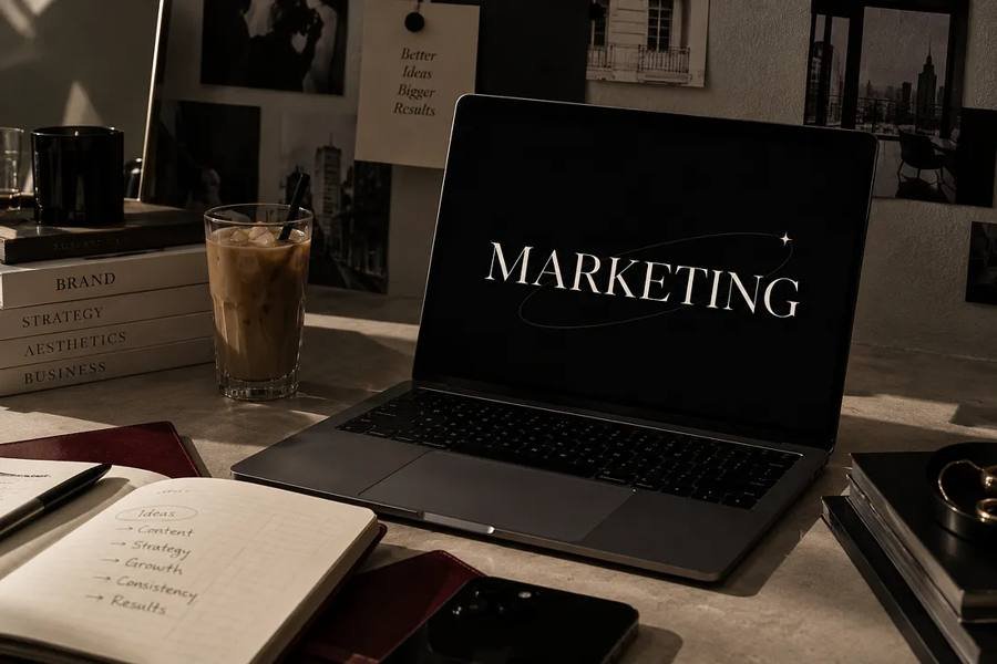 A laptop showing the word marketing on a desk